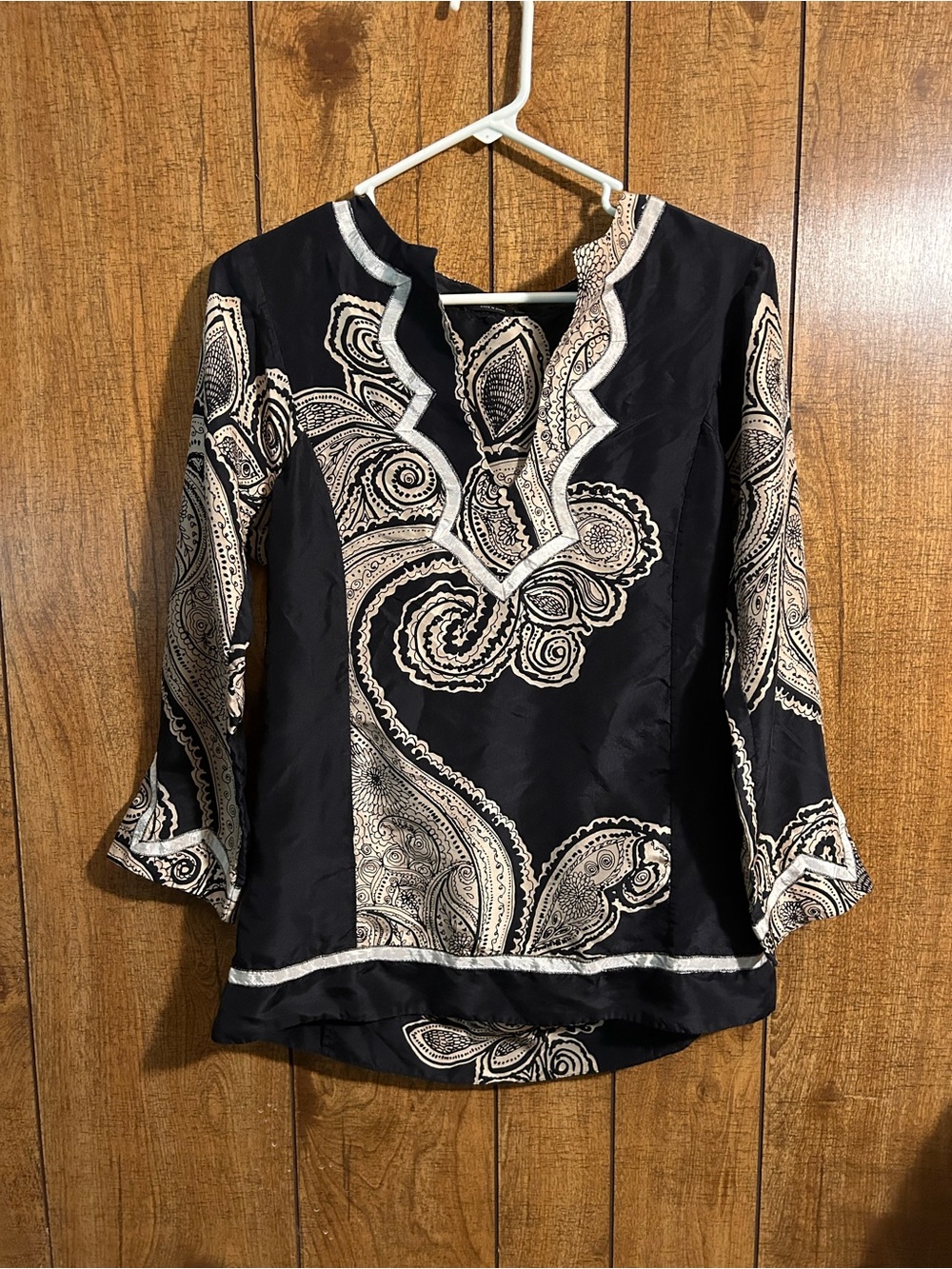 BCBGMaxAzria Black Tunic with Cream Paisley Trim